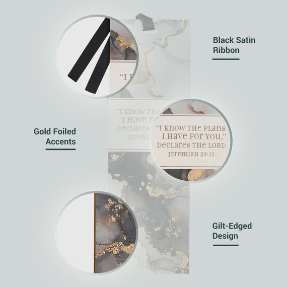 Christian Art Gifts Lesezeichen mit grauem Marmorwirbel, Premium-Schrift, "I Know The Plans I Have for You", Jeremia, 29:11, Bibelvers, metallisch, goldfarben, inspirierendes Lesezeichen für Damen und