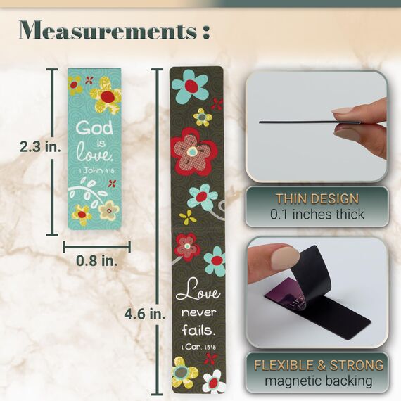 Christian Art Gifts Set of 6 God's Love Vintage Blooms Inspirational Magnetic Bible Verse Bookmark with Scripture, Size Small 2.3" x .75"