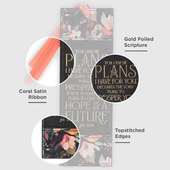 Christian Art Gifts Premium-Lesezeichen aus Kunstleder für Frauen: I Know The Plans inspirierender Bibelvers, Schwarz und Rosa mit Blumenmuster