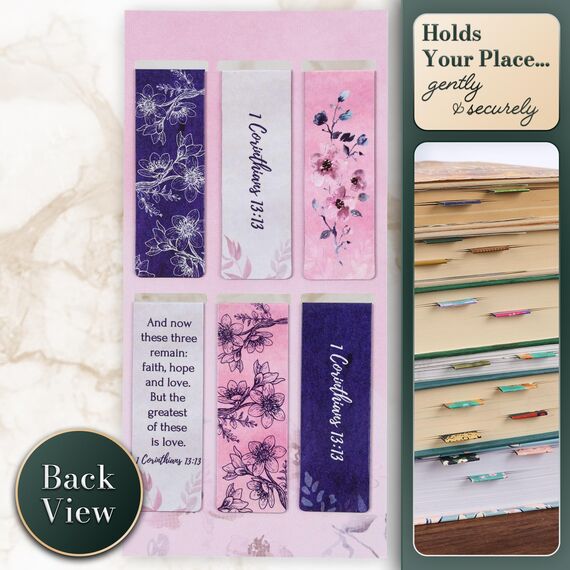 Christian Art Gifts Set of 6 Faith Hope Love Pink Flowers Inspirational Magnetic Bible Verse Bookmark with Scripture, Size Small 2.3" x .75"