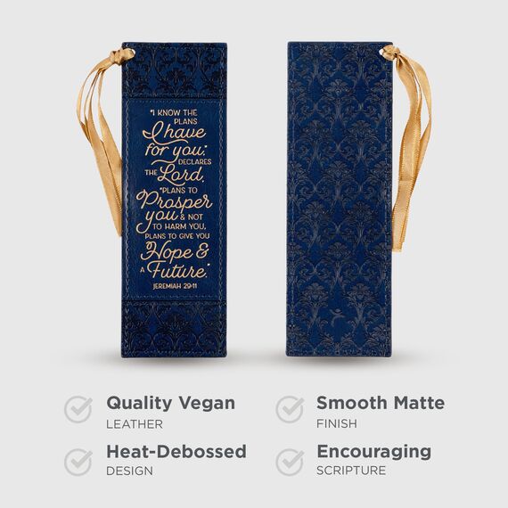 Christian Art Gifts Lesezeichen aus veganem Leder mit Aufschrift "I Know The Plans", inspirierender Bibelvers mit dunkelgoldenem Satinband und geprägtem Blumenmuster, Marineblau/Gold