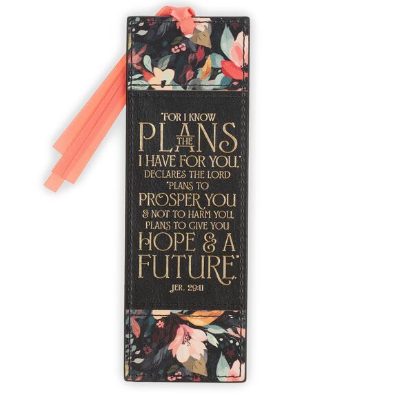 Christian Art Gifts Premium-Lesezeichen aus Kunstleder für Frauen: I Know The Plans inspirierender Bibelvers, Schwarz und Rosa mit Blumenmuster