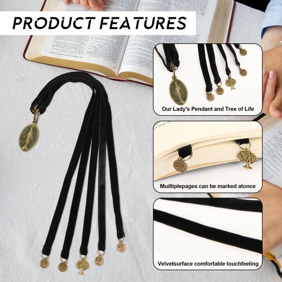 Lesezeichen Bibel Lesezeichen - Schwarze Samt Lesezeichen für Buchliebhaber mit 5 Strings mit Lebensbaum Glücksbringer Anhänger und Mutter Gottes Charm, Christian Saint Bookmark, Ideales christliches