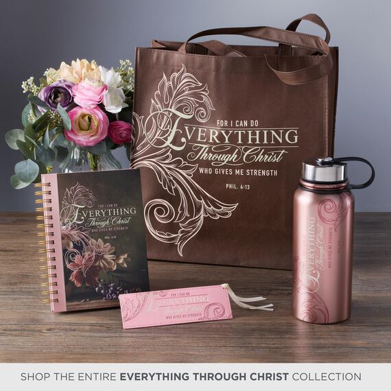 Christian Art Gifts Pink & Gold Kunstleder Premium Bibelvers Lesezeichen für Frauen: Everything Through Christ - Philipper 4:13 Inspirierende Schrift mit Satinband, niedlich, stabil, florale Prägung