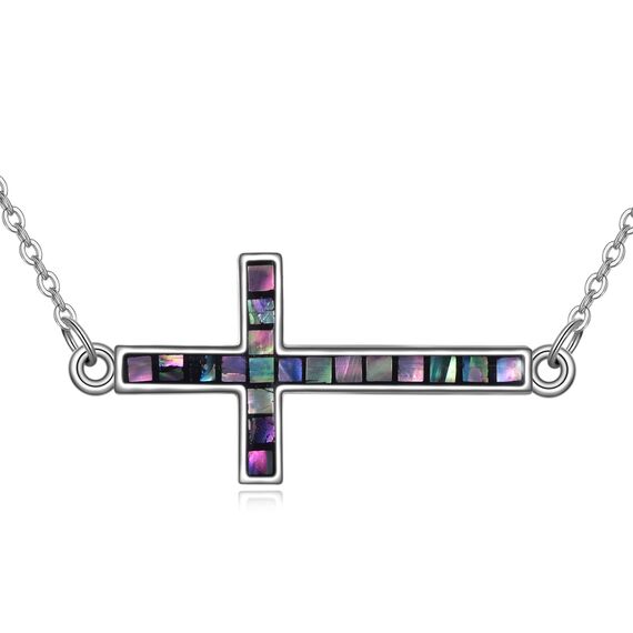 YFN Seitliches Kreuz Halskette Sterling Silber Abalone Schale Kreuz Anhänger Schmuck Geschenke für Damen Herren Mädchen Jungen