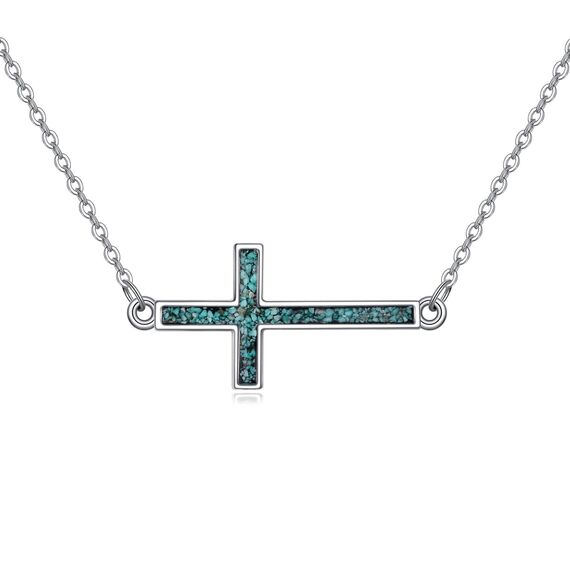 YFN Seitliches Kreuz Halskette Sterling Silber Türkis Kreuz Anhänger Schmuck Geschenke für Damen Herren Mädchen Jungen