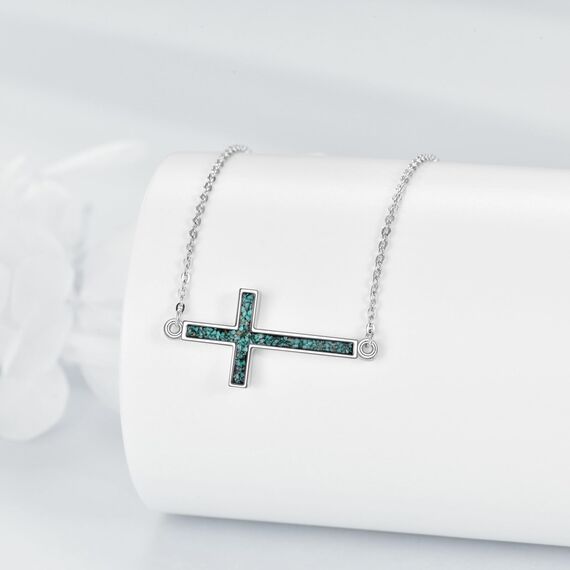 YFN Seitliches Kreuz Halskette Sterling Silber Türkis Kreuz Anhänger Schmuck Geschenke für Damen Herren Mädchen Jungen