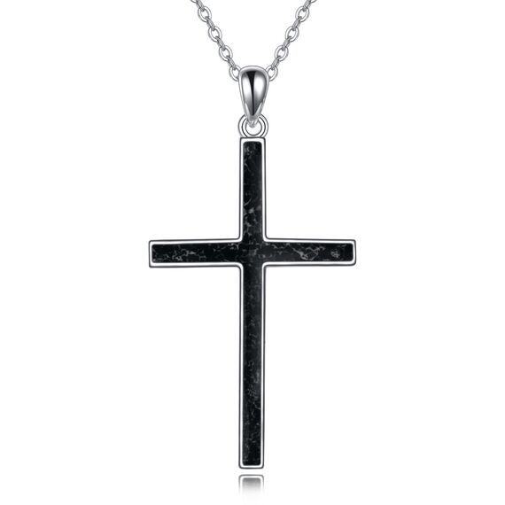 YFN Kreuz Halskette Sterling Silber Schwarz Turmalin Kreuz Anhänger Religiöser Schmuck Geschenke für Damen Herren Mädchen Jungen