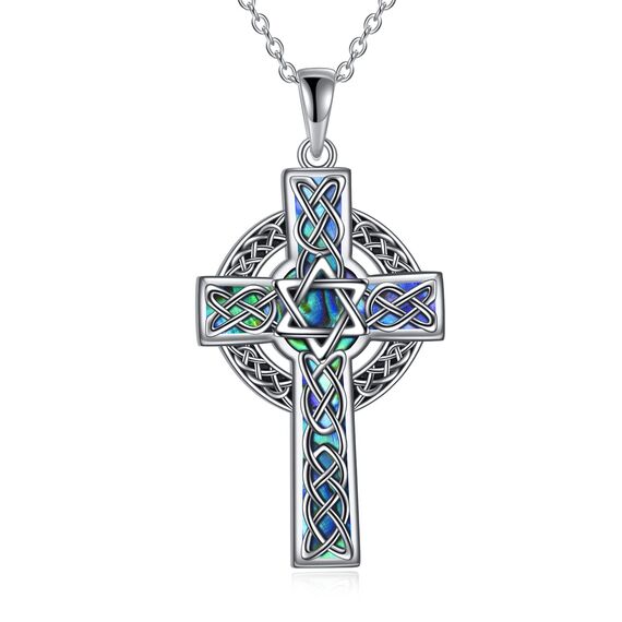 YFN Keltisches Kreuz Halskette Sterling Silber Keltischer Davidstern Anhänger Abalone Muschel Kreuz Schmuck Geschenke für Damen Herren
