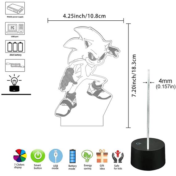 AIRUEEK Sonic Hedgehog Spielzeug 3D nachtlicht - LED Illusion Lampe Schlafzimmer Dekor Beleuchtung/Sonic Toys Weihnachts Geschenke für Kinder Männer Frauen
