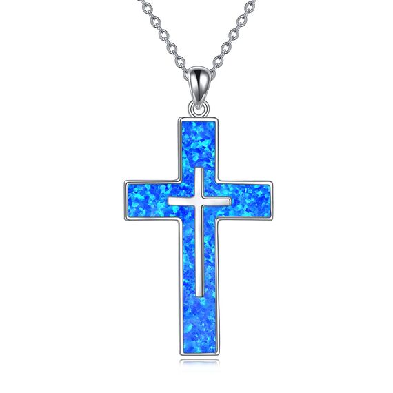 YFN Opal Kreuz Halskette Sterling Silber Kreuz Anhänger Schmuck Geschenke für Damen Herren Mädchen Jungen
