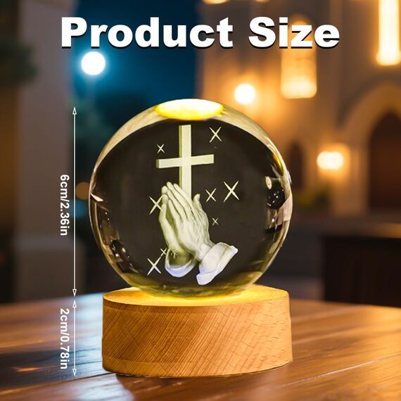 SGZIOO 3D Kristallkugel Nachtlicht, LED Glaskugel Lampe mit Jesus-Kreuz-Statue Gravierte Holzsockel, USB Glaskugel mit Licht, Beleuchtete Glaskugel für Souvenirs Inneneinrichtung Religiöse Geschenk