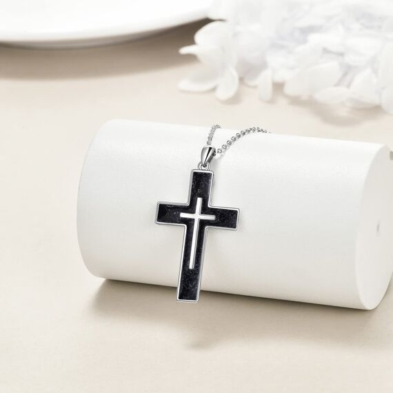 YFN Kreuz Halskette Sterling Silber Schwarz Turmalin Kreuz Anhänger Schmuck Geschenke für Damen Herren Mädchen