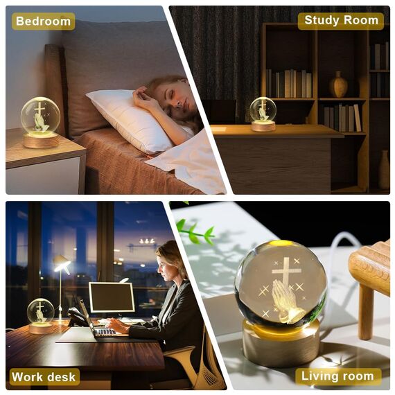 SGZIOO 3D Kristallkugel Nachtlicht, LED Glaskugel Lampe mit Jesus-Kreuz-Statue Gravierte Holzsockel, USB Glaskugel mit Licht, Beleuchtete Glaskugel für Souvenirs Inneneinrichtung Religiöse Geschenk