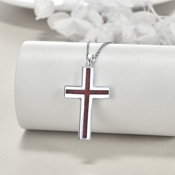 YFN Kreuz Halskette Sterling Silber Rote Koralle Kreuz Anhänger Schmuck Geschenke für Damen Herren Mädchen Jungen