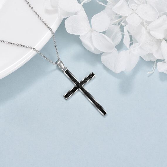 YFN Kreuz Halskette Sterling Silber Schwarz Turmalin Kreuz Anhänger Religiöser Schmuck Geschenke für Damen Herren Mädchen Jungen