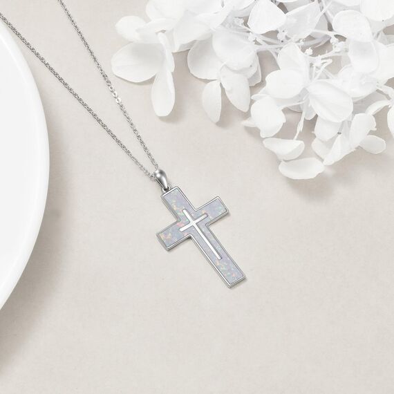YFN Weiß Opal Kreuz Halskette Sterling Silber Kreuz Anhänger Schmuck Geschenke für Damen Herren