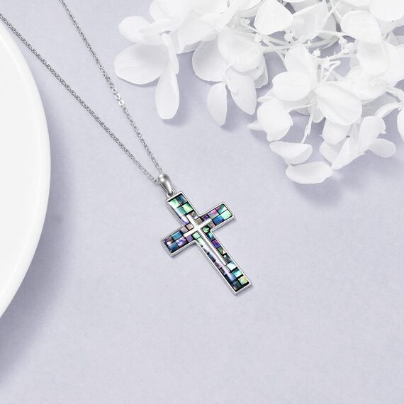 YFN Kreuz Halskette Sterling Silber Abalone Schale Kreuz Anhänger Religiöser Schmuck Geschenke für Damen Herren Mädchen Jungen