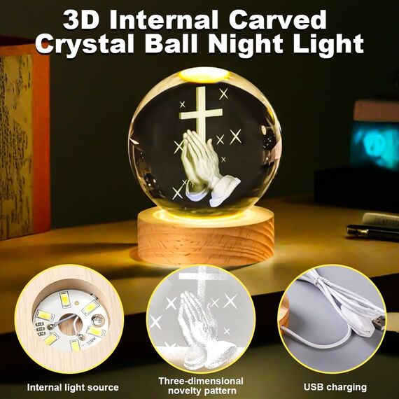 SGZIOO 3D Kristallkugel Nachtlicht, LED Glaskugel Lampe mit Jesus-Kreuz-Statue Gravierte Holzsockel, USB Glaskugel mit Licht, Beleuchtete Glaskugel für Souvenirs Inneneinrichtung Religiöse Geschenk
