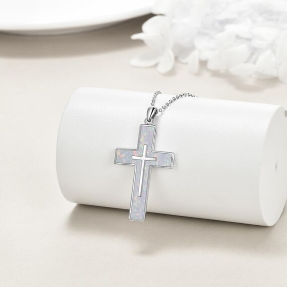YFN Weiß Opal Kreuz Halskette Sterling Silber Kreuz Anhänger Schmuck Geschenke für Damen Herren