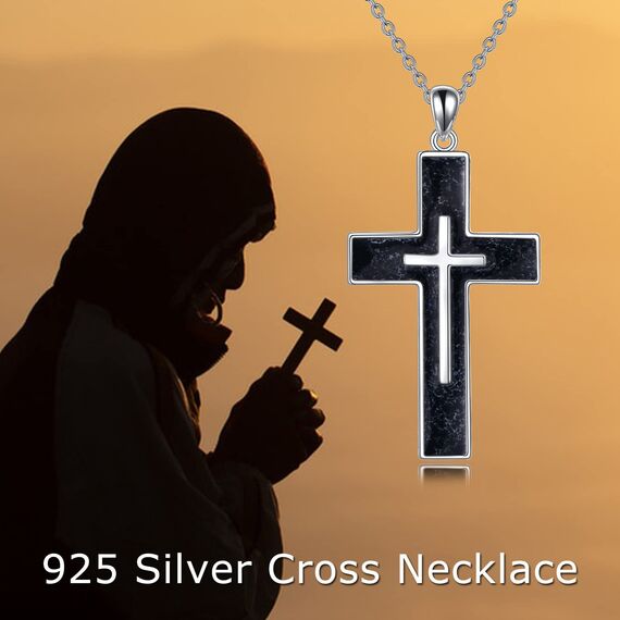 YFN Kreuz Halskette Sterling Silber Schwarz Turmalin Kreuz Anhänger Schmuck Geschenke für Damen Herren Mädchen