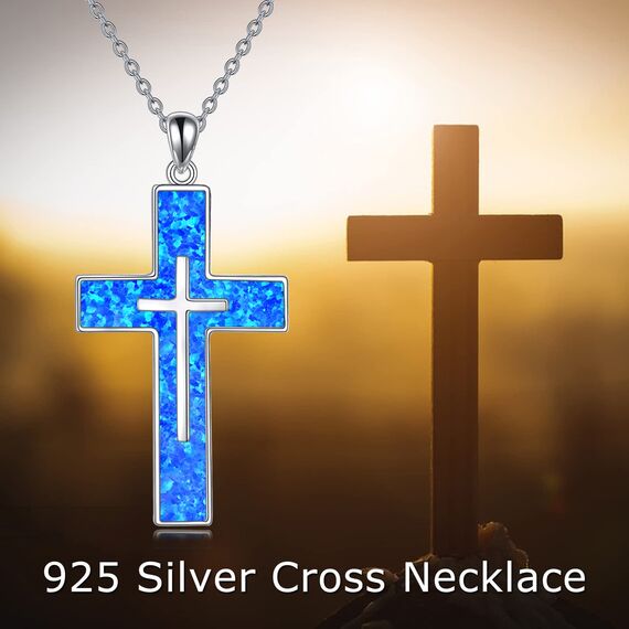 YFN Opal Kreuz Halskette Sterling Silber Kreuz Anhänger Schmuck Geschenke für Damen Herren Mädchen Jungen