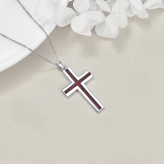 YFN Kreuz Halskette Sterling Silber Rote Koralle Kreuz Anhänger Schmuck Geschenke für Damen Herren Mädchen Jungen
