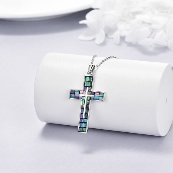 YFN Kreuz Halskette Sterling Silber Abalone Schale Kreuz Anhänger Religiöser Schmuck Geschenke für Damen Herren Mädchen Jungen