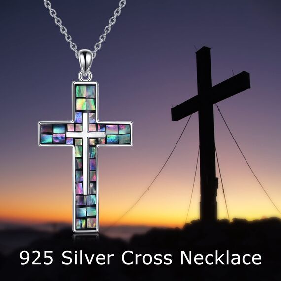 YFN Kreuz Halskette Sterling Silber Abalone Schale Kreuz Anhänger Religiöser Schmuck Geschenke für Damen Herren Mädchen Jungen