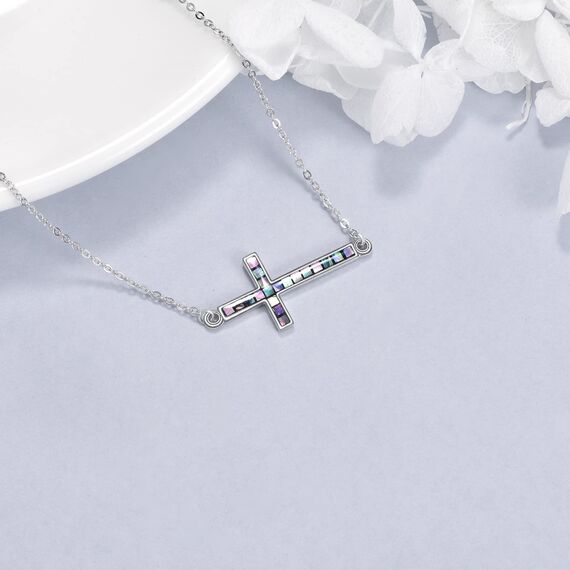 YFN Seitliches Kreuz Halskette Sterling Silber Abalone Schale Kreuz Anhänger Schmuck Geschenke für Damen Herren Mädchen Jungen