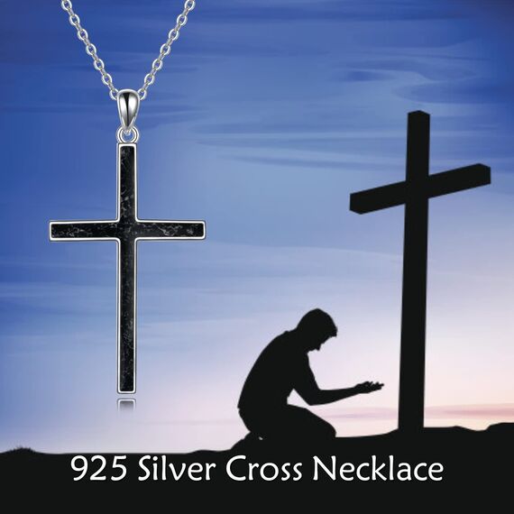 YFN Kreuz Halskette Sterling Silber Schwarz Turmalin Kreuz Anhänger Religiöser Schmuck Geschenke für Damen Herren Mädchen Jungen