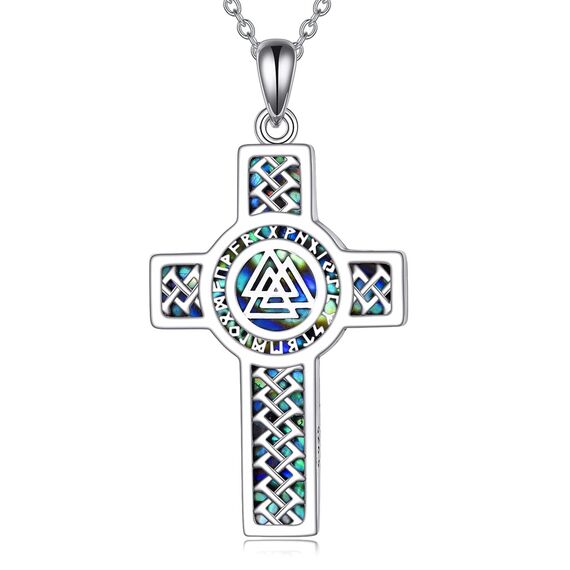 YFN Wikinger Kreuz Halskette Sterling SIlver Keltischer Knoten Anhänger Wikinger Religiöser Schmuck Geschenke für Damen Herren (Valknut)