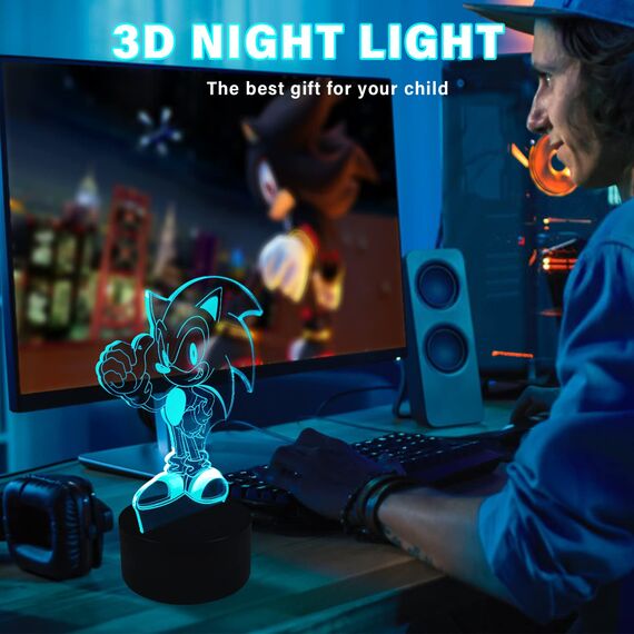 AIRUEEK Sonic Hedgehog Spielzeug 3D nachtlicht -16 Farbvariationen LED Illusion Lampe Schlafzimmer Dekor Beleuchtung/Sonic Figur Lampe Geburtstags Geschenke für Männer, Vatertagsgeschenk