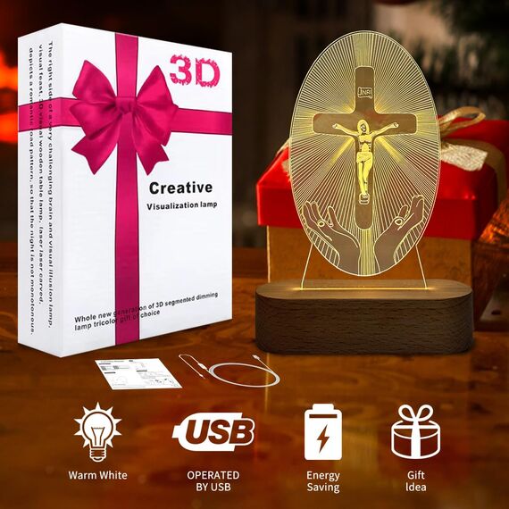 3 Muster Jesus Kreuz Nachtlicht 3D Illusion Lampe, Holz Basis Tischlampe mit weichen warmen weißen Farben für Kinder Jungen Zimmer, Geschenke für Zimmer Holiday Decor