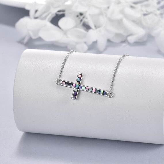 YFN Seitliches Kreuz Halskette Sterling Silber Abalone Schale Kreuz Anhänger Schmuck Geschenke für Damen Herren Mädchen Jungen