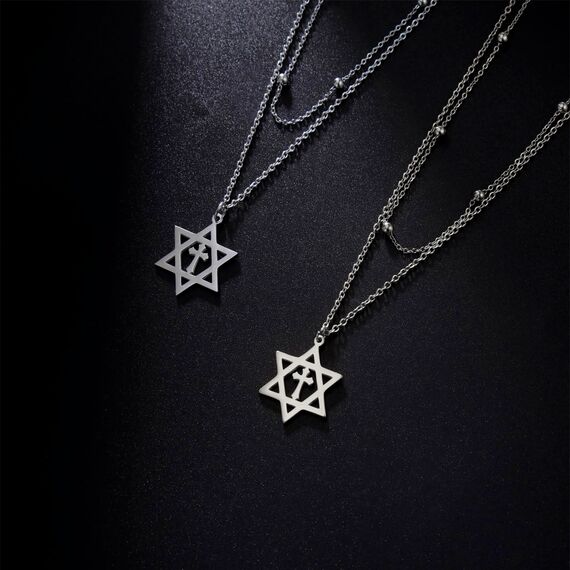 EUEAVAN Davidstern Halskette für Frauen Hexagramm Anhänger Halskette Amulett Symbo Jüdisch Israel Religiös David Schmuck Geschenk Frauen (Double Layered Kette Gold)