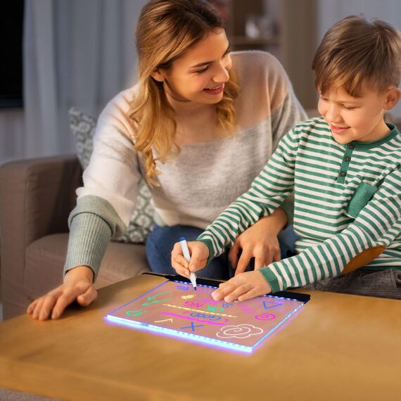 LED Notiztafel mit Farben, 30x20 CM Leuchtendes LED Zeichenbrett für Kinder, 6 Farben Einstellbar 4 Licht Modi, Mit 7 Farben Stift, Abwischbarer, Acryl Transparente Zeichenbrett, Notizblock, Memo ect