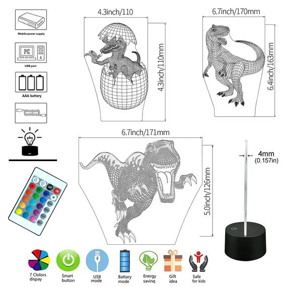 AIRUEEK Dinosaurier Nachtlicht für Kinder, 3D Dino Spielzeug 3 Patterns and 16 Farben Ändern und Fernbedienung, Dinosaurier Spielzeuge halloween Weihnachts Geschenke für Jungen