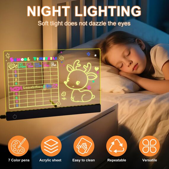 LED Notiztafel mit Farben, 30x20 CM Leuchtendes LED Zeichenbrett für Kinder, 6 Farben Einstellbar 4 Licht Modi, Mit 7 Farben Stift, Abwischbarer, Acryl Transparente Zeichenbrett, Notizblock, Memo ect