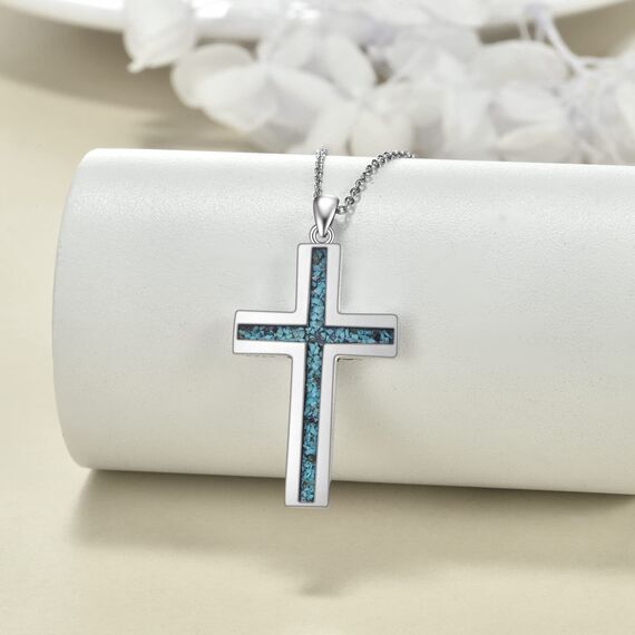 YFN Kreuz Halskette Sterling Silber Türkis Kreuz Anhänger Kette Schmuck Geschenke für Damen Herren
