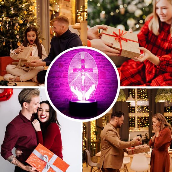 junnire Christus Jesus Kreuz 3D LED Schlafzimmer Dekor Schlaftischlampe mit Fernbedienung 7 Farben Visuelles Nachtlicht Geburtstag Ostern christliches Geschenk für religiöse Frauen Männer Kinder