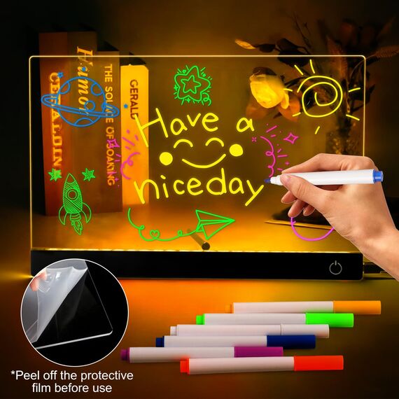 LED Notiztafel mit Farben, 30x20 CM Leuchtendes LED Zeichenbrett für Kinder, 6 Farben Einstellbar 4 Licht Modi, Mit 7 Farben Stift, Abwischbarer, Acryl Transparente Zeichenbrett, Notizblock, Memo ect