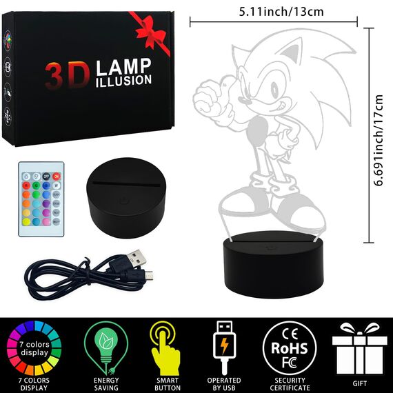 AIRUEEK Sonic Hedgehog Spielzeug 3D nachtlicht -16 Farbvariationen LED Illusion Lampe Schlafzimmer Dekor Beleuchtung/Sonic Figur Lampe Geburtstags Geschenke für Männer, Vatertagsgeschenk