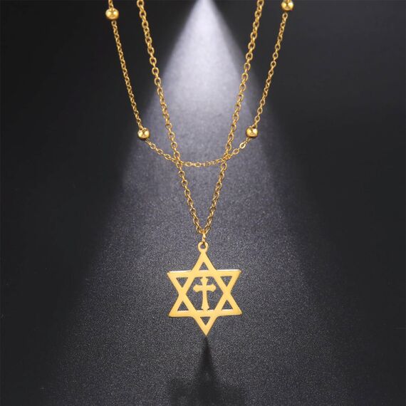 EUEAVAN Davidstern Halskette für Frauen Hexagramm Anhänger Halskette Amulett Symbo Jüdisch Israel Religiös David Schmuck Geschenk Frauen (Double Layered Kette Gold)