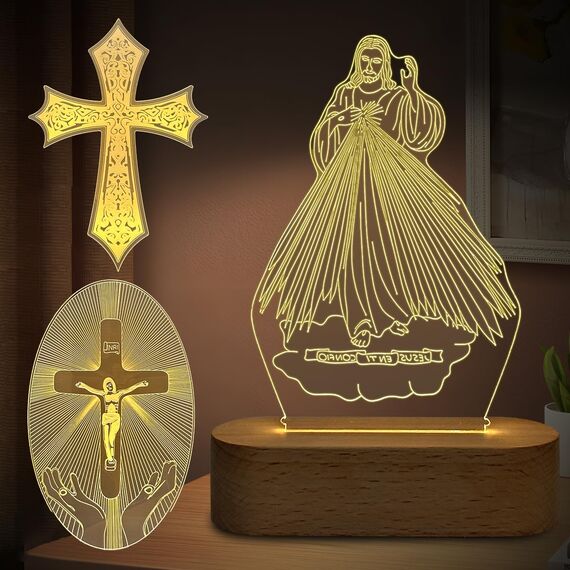 3 Muster Jesus Kreuz Nachtlicht 3D Illusion Lampe, Holz Basis Tischlampe mit weichen warmen weißen Farben für Kinder Jungen Zimmer, Geschenke für Zimmer Holiday Decor