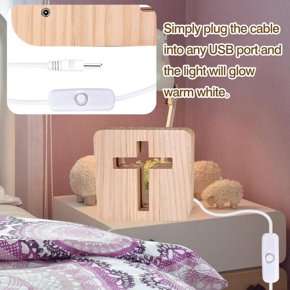 WIYETY Jesus Kreuz Nachtlicht: 3D Jesus Kreuz Religiöses Mini Nachtlicht, Kleine Tischlampe für Zimmer, Holzschnitzerei LED Nachtleuchte, USB-betriebener Warmweiß Licht, Beleuchtetes Geschenk