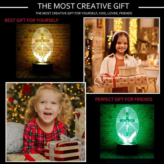 junnire Christus Jesus Kreuz 3D LED Schlafzimmer Dekor Schlaftischlampe mit Fernbedienung 7 Farben Visuelles Nachtlicht Geburtstag Ostern christliches Geschenk für religiöse Frauen Männer Kinder