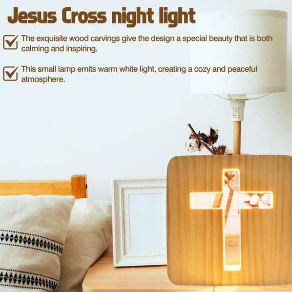 WIYETY Jesus Kreuz Nachtlicht: 3D Jesus Kreuz Religiöses Mini Nachtlicht, Kleine Tischlampe für Zimmer, Holzschnitzerei LED Nachtleuchte, USB-betriebener Warmweiß Licht, Beleuchtetes Geschenk