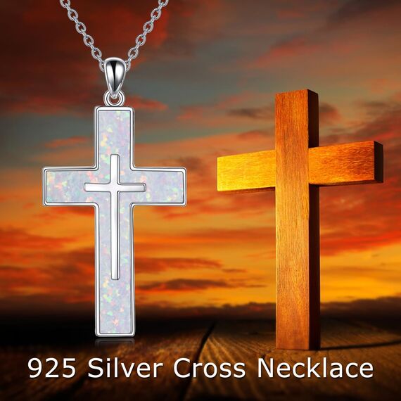YFN Weiß Opal Kreuz Halskette Sterling Silber Kreuz Anhänger Schmuck Geschenke für Damen Herren
