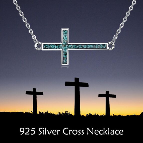 YFN Seitliches Kreuz Halskette Sterling Silber Türkis Kreuz Anhänger Schmuck Geschenke für Damen Herren Mädchen Jungen
